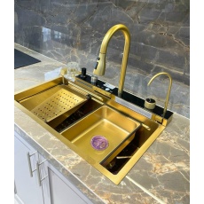 Bồn rửa chén 1 ngăn lớn Inox mạ Thông minh mạ Vàng, Vòi Thác nước 5 phím DK4 Gold